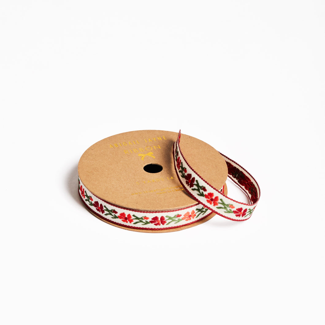 Red Vine Floral Woven Ribbon